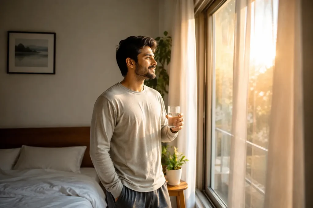 সকালে ক্লান্ত লাগা কাটিয়ে জানালার পাশে এক গ্লাস পানি হাতে সতেজভাবে দিন শুরু করছেন একজন ব্যক্তি